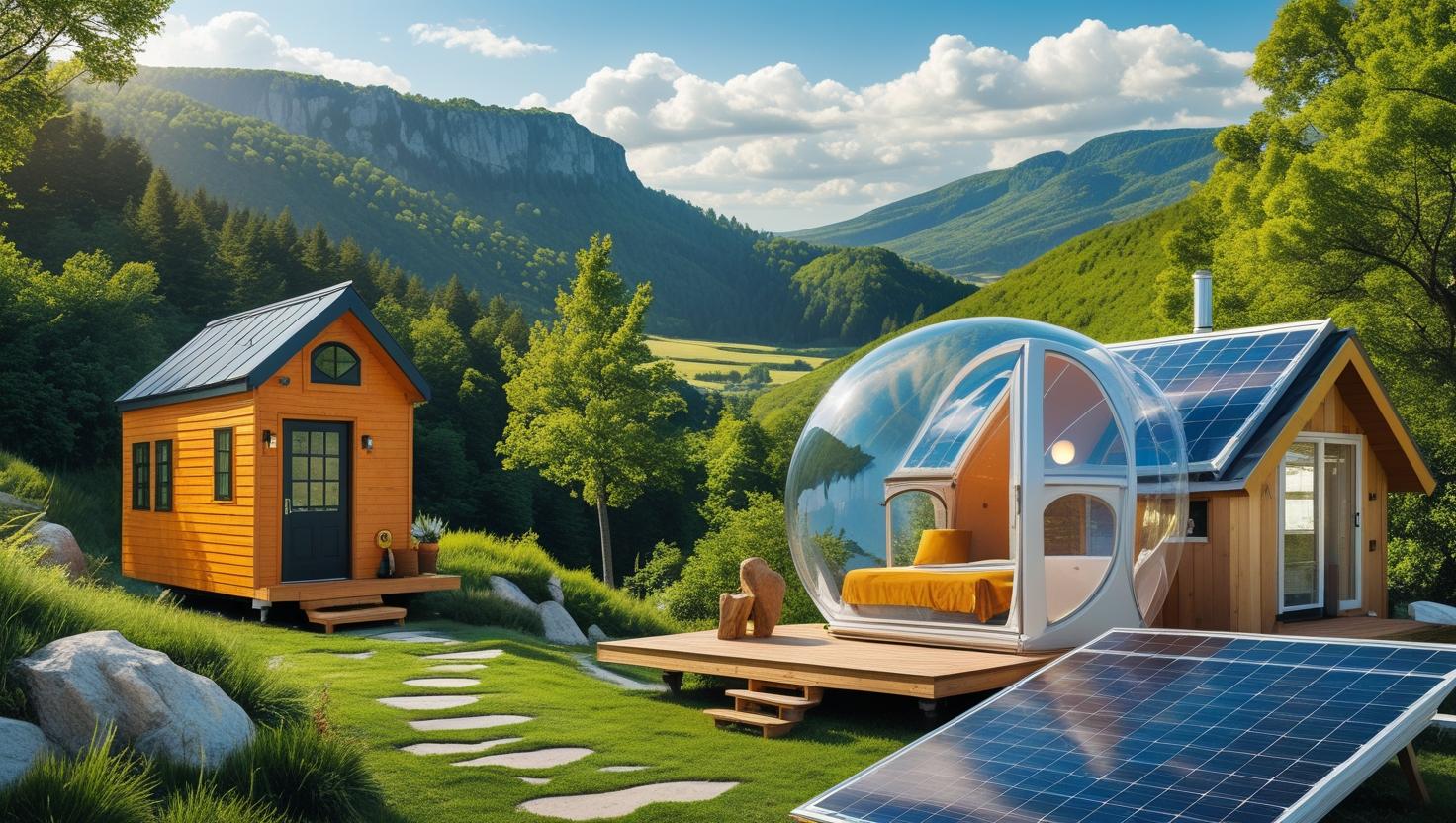 Tiny house en bois et bulle transparente accolée à une maison écologique équipée de panneaux solaires, au cœur d’un paysage de montagne verdoyant.